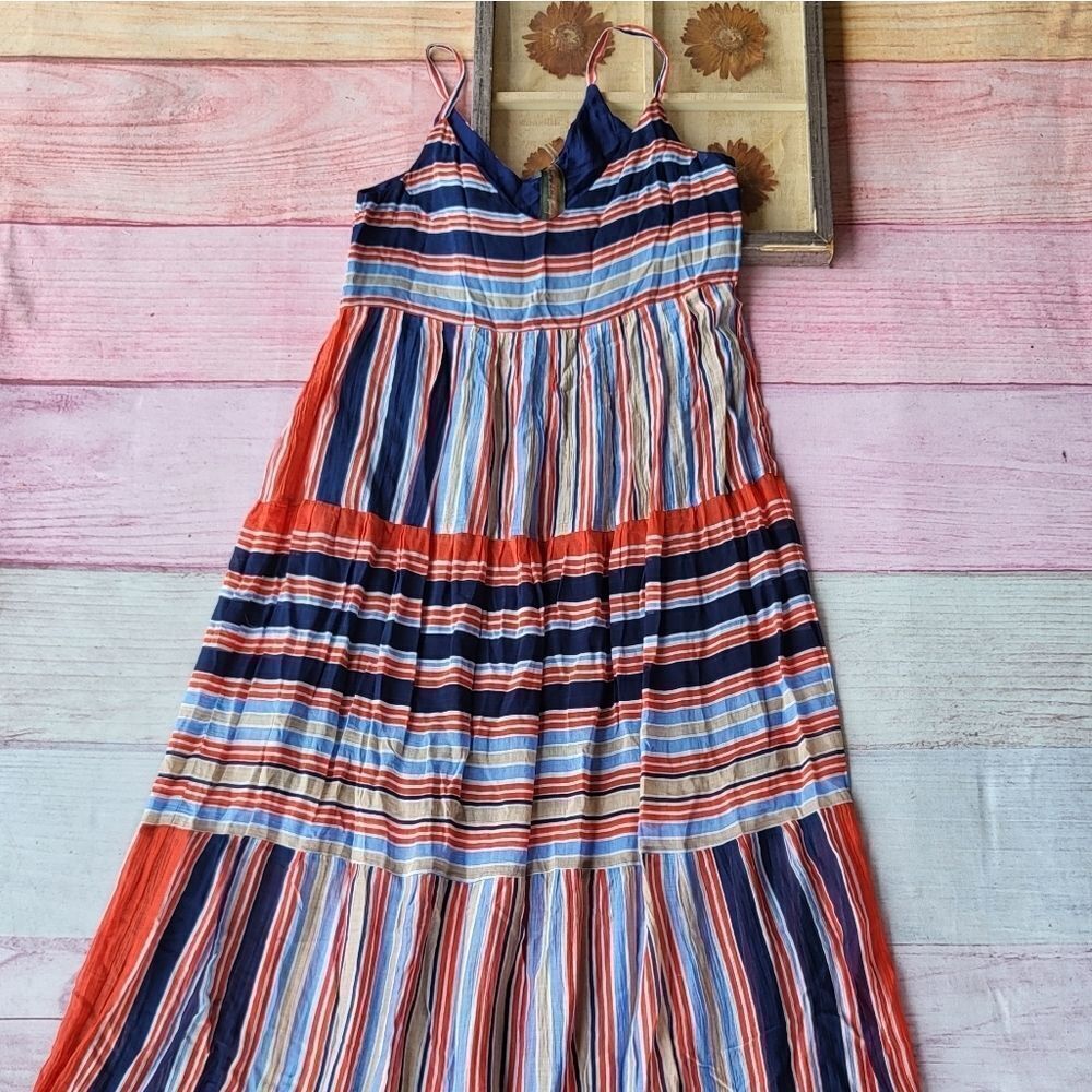 Aratta Silent Journey Multicolored Striped Cotton Flowy Boho Maxi Dress Small‎